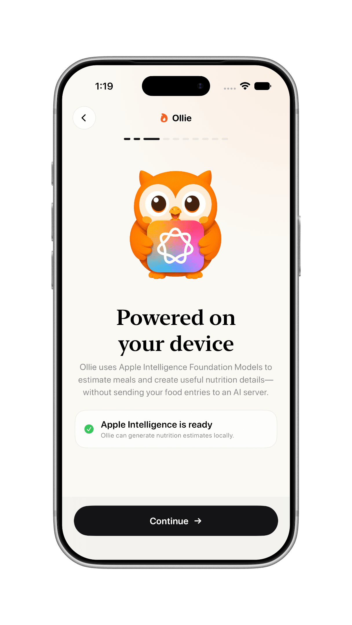 Ollie onboarding screen confirming Apple Intelligence runs locally