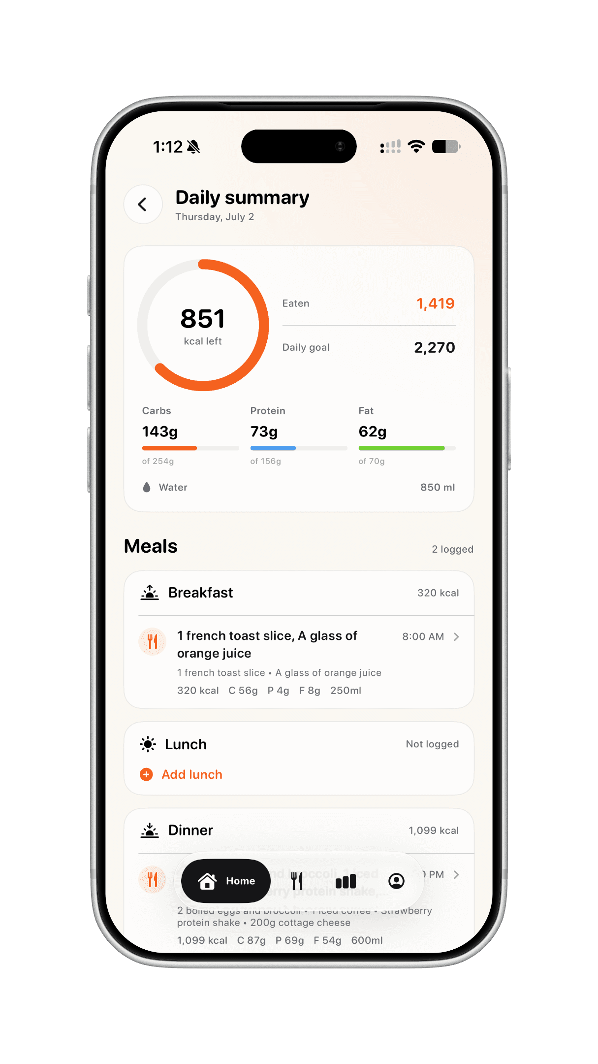 Ollie daily summary with calories left, macros, and meals