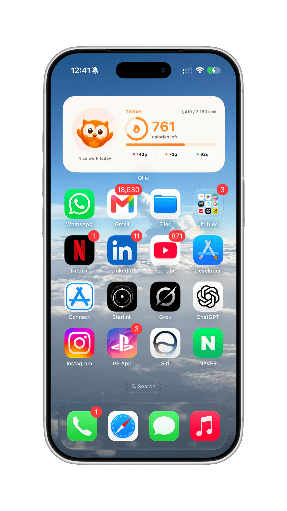 Ollie home screen widget showing calories left