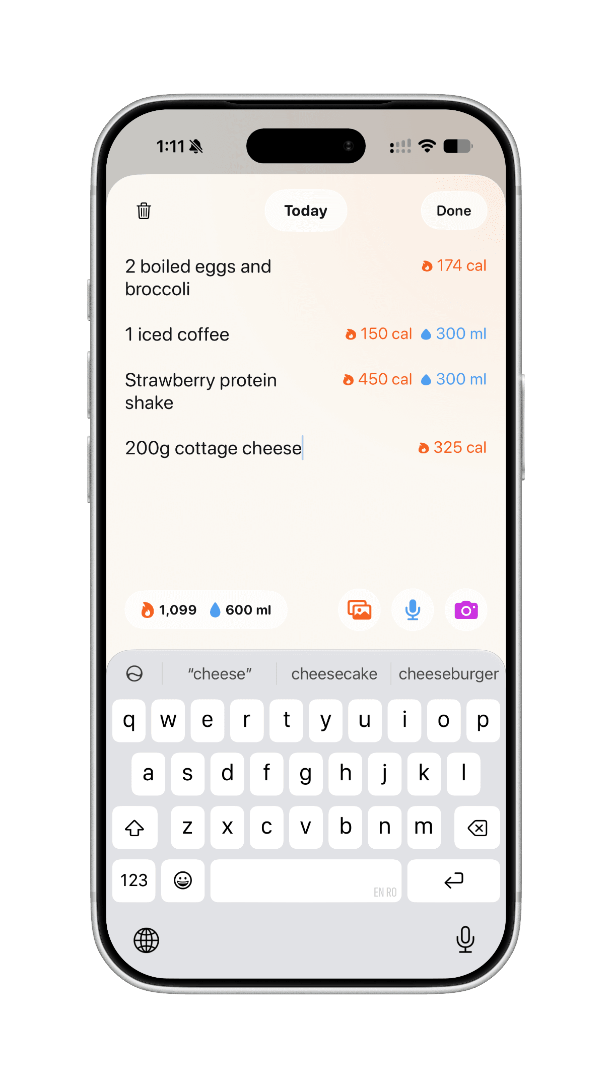Logging meals in Ollie by typing plain English