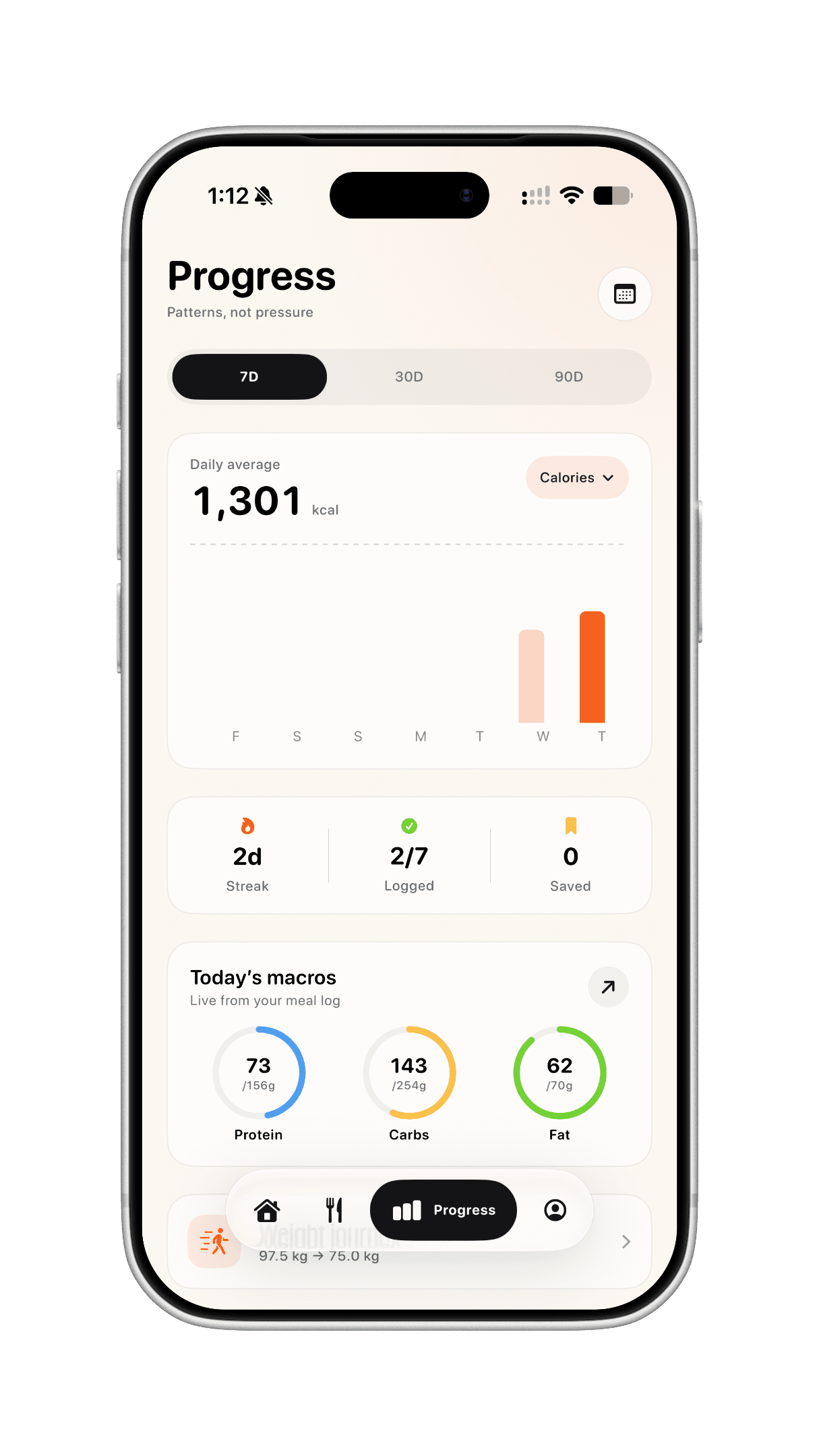 Ollie progress screen with streaks and weekly averages