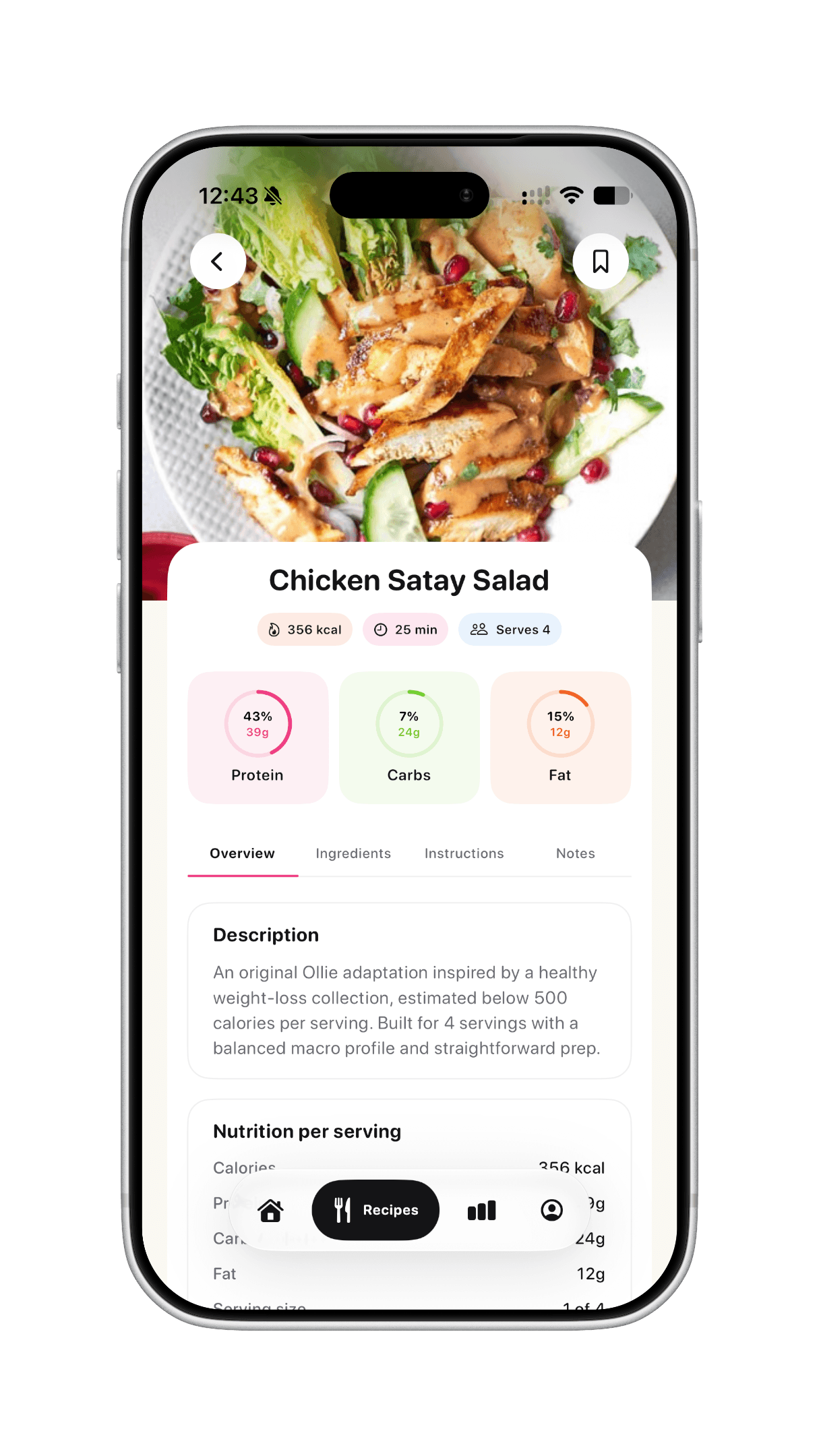 Ollie recipe screen showing chicken satay salad with nutrition